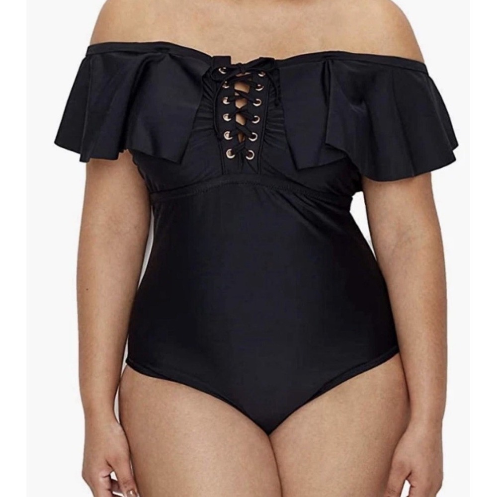 Raisins Curve Women's 22W Black One Piece Swimsuit Ruffle Lace Up Off Shoulder